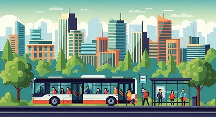 "Urban Transportation Scene – Flat Vector Illustration with Bus and City Life"

