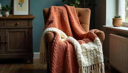 Cozy knit throw blanket draped over a rustic wooden chair, adding warmth and texture to a home interior Perfect for autumn or winter scenes , solid color, cotton, autumn