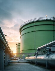 Obraz premium Green industrial tanks stand against a twilight sky amidst pipelines and tiled ground