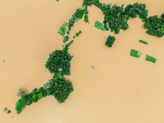 Rural homes lost in flood, brown water surrounding every structure in aerial view.