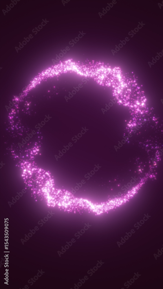 Poster glowing pink particle ring forming a circular frame on a dark violet background