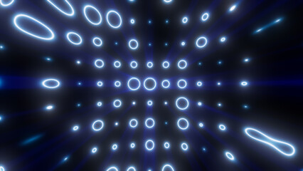 Glowing blue rings form a tunnel-like digital vortex with radiating light beams in a futuristic abstract pattern