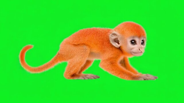 Playful Orange Monkey on Green Background, Cute Baby Primate with Expressive Eyes and Curled Tail