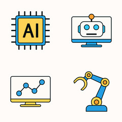 Modern Flat Design Icons Representing Artificial Intelligence Technology and Automation with Clean Lines and Bold Colors