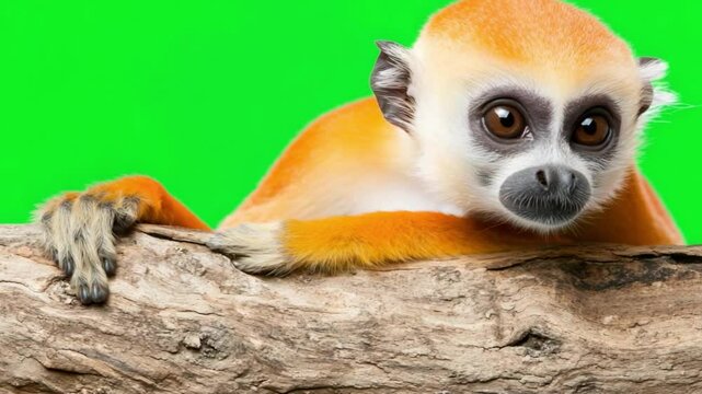 Cute Orange Monkey with Big Eyes Sitting on a Log Against a Green Background in a Studio Setting
