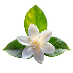 Fototapeta premium Closeup of a Sampaguita Flower with Vibrant Green Leaves Isolated Against a Black Background isolated on a transparent background