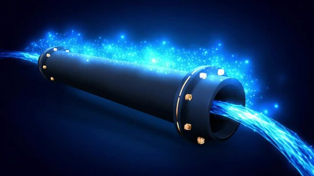 Glowing blue liquid water flow inside black pipe with sparkling light in dark background