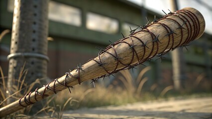 Barbed wire baseball bat prop weapon for apocalypse costume or halloween decoration and horror movie set design silhouette