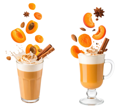 Two Spiced Pumpkin Lattes with Cinnamon Sticks Creamy Whipped Foam and Falling Apricots on Transparent Background