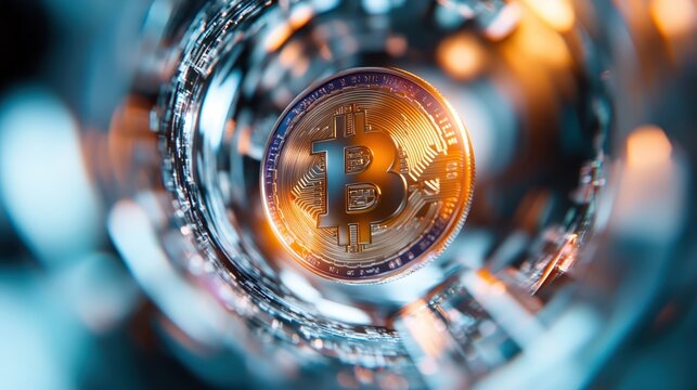 A close-up of a Bitcoin symbol, glowing in a dynamic tech-inspired environment, representing modern finance and technological advancement in the digital currency era. - Powered by Adobe