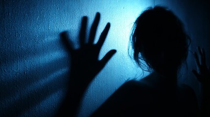 A woman's silhouette is cast on a wall, with her hands outstretched