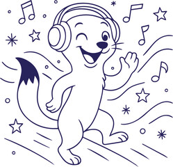 Cute animal dancing with headphones and music notes line art style