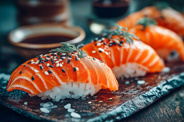 Salmon Nigiri: Fresh slices of raw salmon served on a bed of vinegared rice, seasoned with sesame seeds and a sprig of fresh herbs.