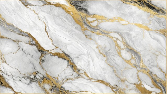 Elegant white marble texture with gold veins and a golden frame - Powered by Adobe