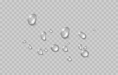 Vector water drops. Drops png, condensation on the window, on the surface. Realistic drops on an isolated transparent background.