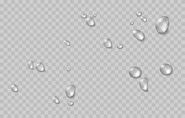 Vector water drops. Drops png, condensation on the window, on the surface. Realistic drops on an isolated transparent background.