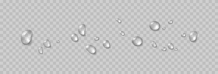 Vector water drops. Drops png, condensation on the window, on the surface. Realistic drops on an isolated transparent background.