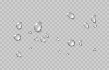 Vector water drops. Drops png, condensation on the window, on the surface. Realistic drops on an isolated transparent background.