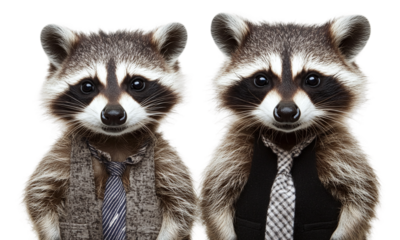 Funny two raccoons dressed isolated on transparent background.