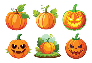 Halloween Pumpkins Different Faces Set on a transparent background.