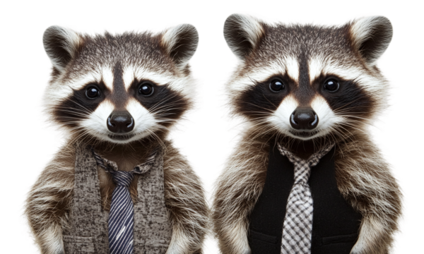 Funny two raccoons dressed isolated on transparent background.
