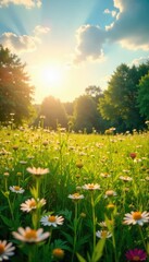 Fototapeta premium Golden hour sunlight bathes a tranquil summer scene; lush green grass, wildflowers, and a clear blue sky Perfect for relaxation and summer vibes , heat, green