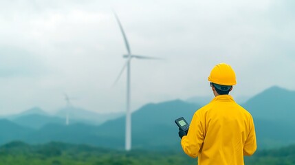Engineer inspecting wind turbines in mountainous terrain