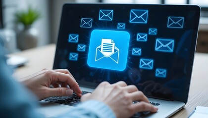 Woman using laptop with email communication concept on screen