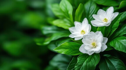 Fototapeta premium This image showcases beautiful white flowers blooming amidst lush green leaves, symbolizing purity and tranquility in a natural setting full of life and vibrancy.