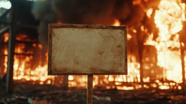 A blank sign in the foreground of a dramatic fiery scene, symbolizing destruction and chaos, evoking thoughts of loss, danger, and the need for safety.