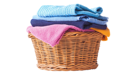 Stack of clean clothes and wicker basket with clean laundry, isolated on transparent background.