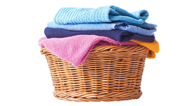 Stack of clean clothes and wicker basket with clean laundry, isolated on transparent background.