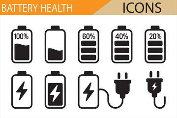 Collection of Battery Health Icons Showing Charging Status, Power Levels, and Warnings