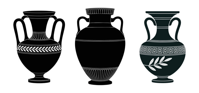 Set of antique Greek vases in black engraved-style silhouettes. Classic ancient pottery design, isolated on transparent background. Perfect for history, art, and cultural projects.