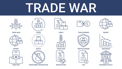 Fototapeta premium Trade War Icon Set Collection with tariff negotiation icon
