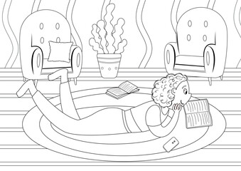 Coloring page with a girl lying on the floor and reading a book in the living room