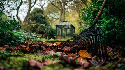 Manual garden cleanup with rake removing moss, autumn leaves, and organic debris from healthy green lawn, showing seasonal yard maintenance, soil care, and landscaping effort outdoors
