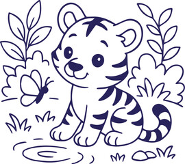 Cute tiger cub sitting by pond with butterfly in line art style