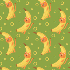 Vector pattern with a red cat in a banana costume on a green background