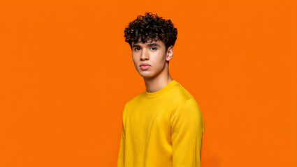 Young Man Curly Hair Yellow Sweatshirt Orange Background Studio Portrait image
