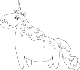 Coloring page with a unicorn standing on four legs