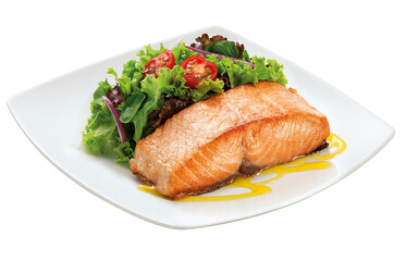 prato com salmão grelhado acompanhado de salada de folhas verdes e tomate cereja isolado em fundo transparente