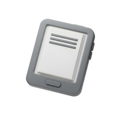 A 3D rendered ebook reader features a minimalist design. The device is gray with a bright white screen. The background is transparent.