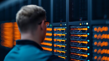 Technician monitoring server room data center