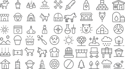 Collection of Line Icons Featuring Animals, Houses, Food, Nature, and Various Objects
