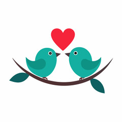 Birds on Branch Icon with Heart Theme Vector Minimalist Love Symbol Design
