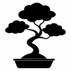 Black Bonsai Tree Vector Illustration in Pot on White Background