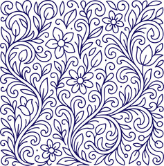 Floral seamless pattern in line art style with swirls and leaves
