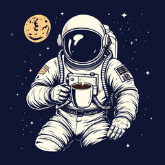Astronaut Drinking Coffee in Space with Moon and Stars