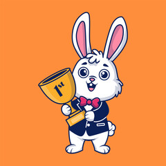 Cute Rabbit Wearing Suit And Holding Trophy Cartoon Vector Illustration